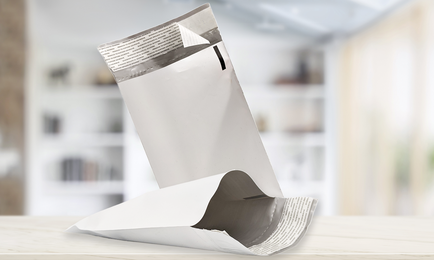 Polyester envelopes on table Polyester envelopes on table